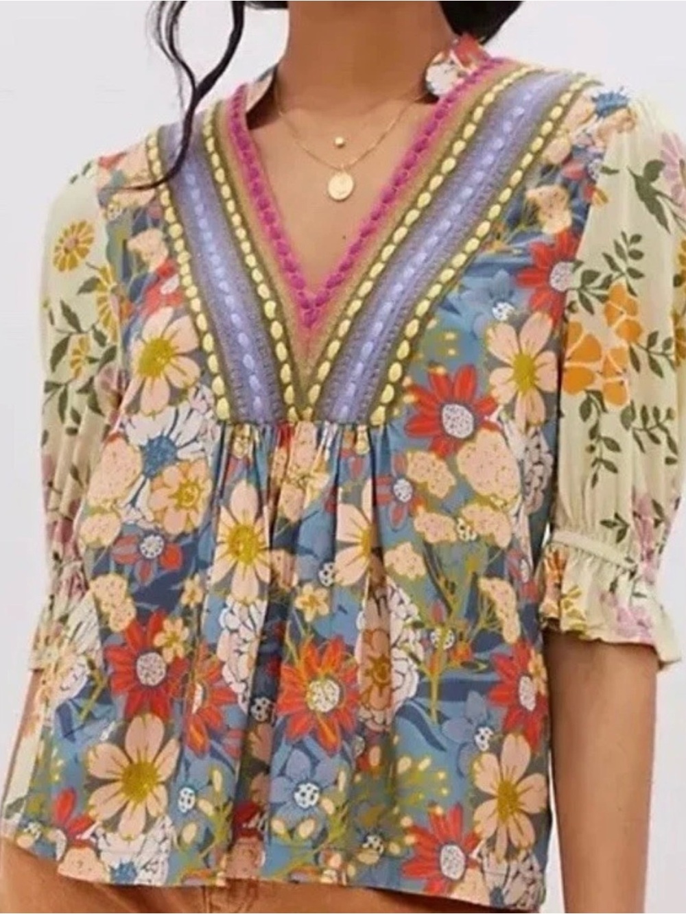 Bl^nk London x Anthropologie STEPHANIE Yellow Blue Floral V-Neck Top